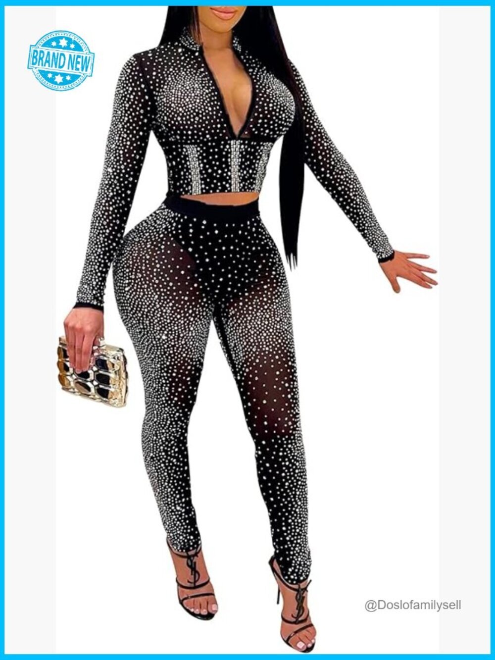 Sparkly Rhinestone Mesh See-Through Bodycon Jumpsuit Party Club Night Romper